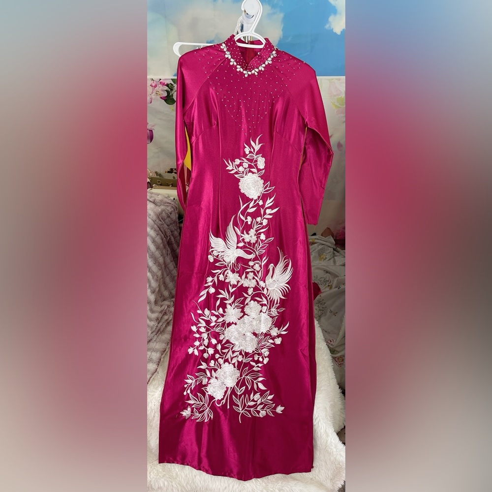 New Ao dai Valentino, Vietnamese traditional long dress set pink 2 m medium 🎁 bộ
